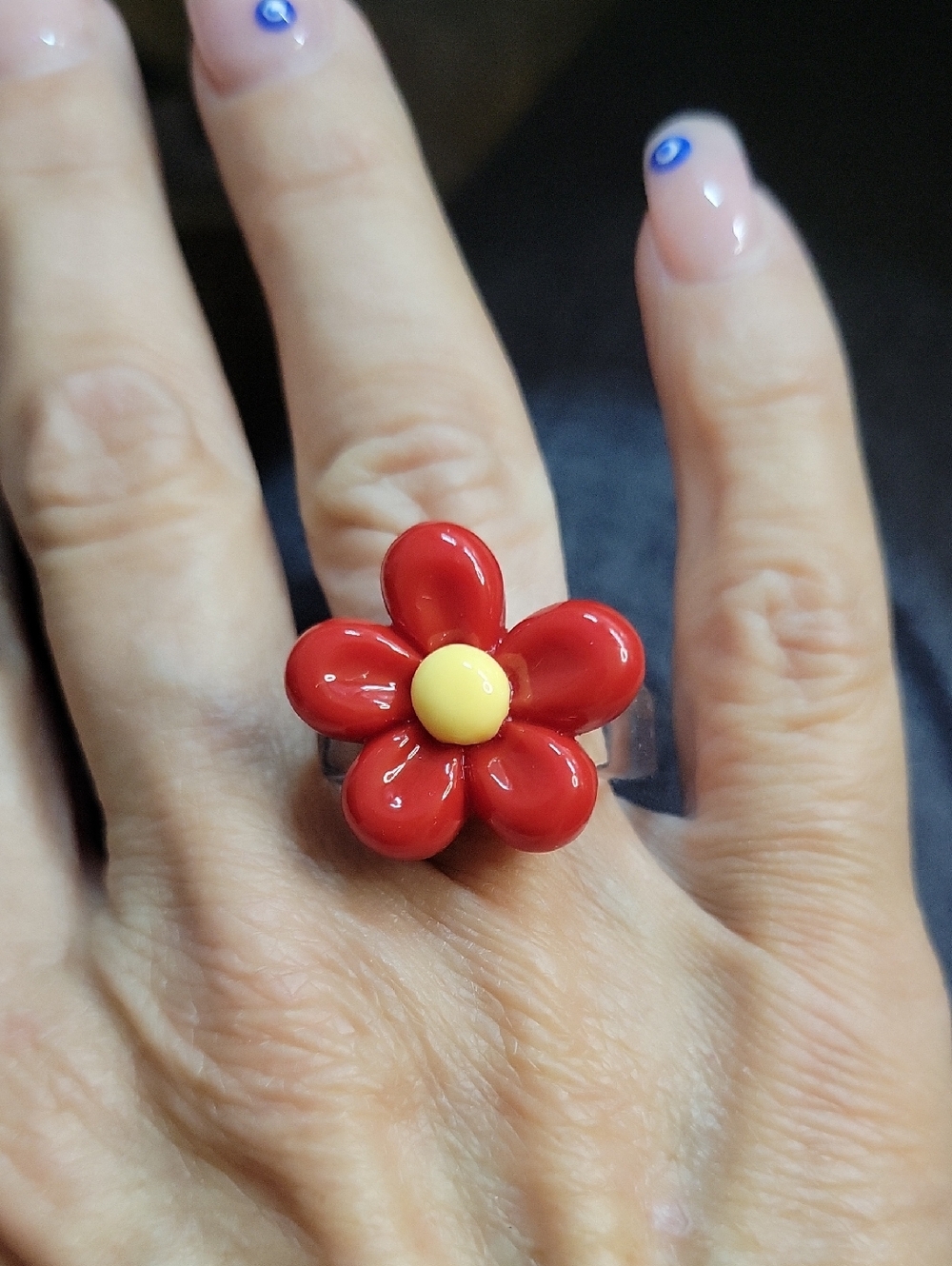Funky Red Flower Ring with Yellow Center